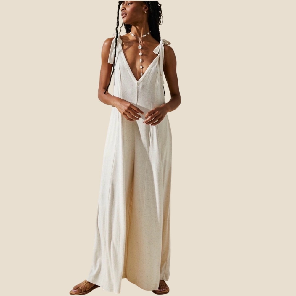 Free People Beach Oatmeal Heather Alice Wide Leg Tie Shoulder Jumpsuit Women L